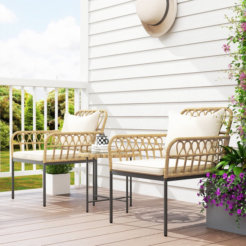 Outsunny 3 Piece Rattan Bistro Set, Wicker Garden Furniture Set with Cushions, Glass Top Coffee Table and Chairs for Outdoor, Patio, Balcony, Beige