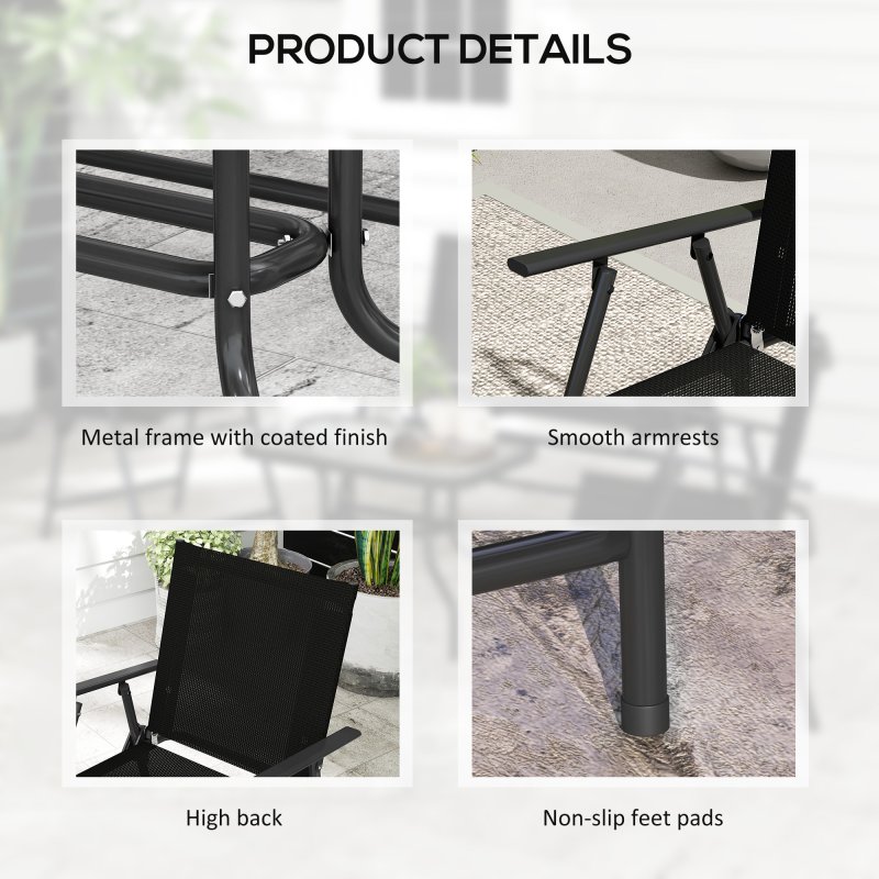 Outsunny Outdoor 4 Pieces Patio Furniture Set with Breathable Mesh Fabric Seat & Backrest, Garden Set with Two Foldable Armchairs, a Loveseat & Glass Top Table, Black