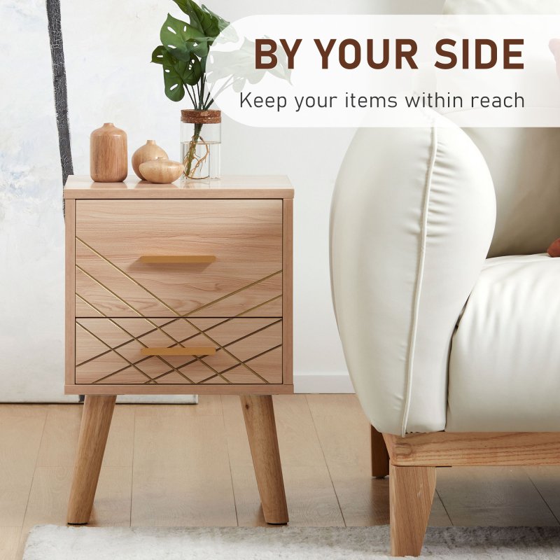 HOMCOM Bedside Table, Bedside Cabinet with 2 Drawers, Nordic Side Table with Wood Legs, Nightstand for Bedroom, Natural