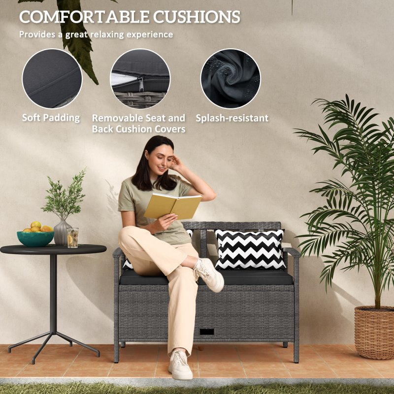 Outsunny 2 Seater Garden Storage Bench with 160L Capacity, PE Rattan Garden Bench with Storage, Wicker Outdoor Bench Loveseat with Cushion, Pillows and Steel Frame for Patio, Grey