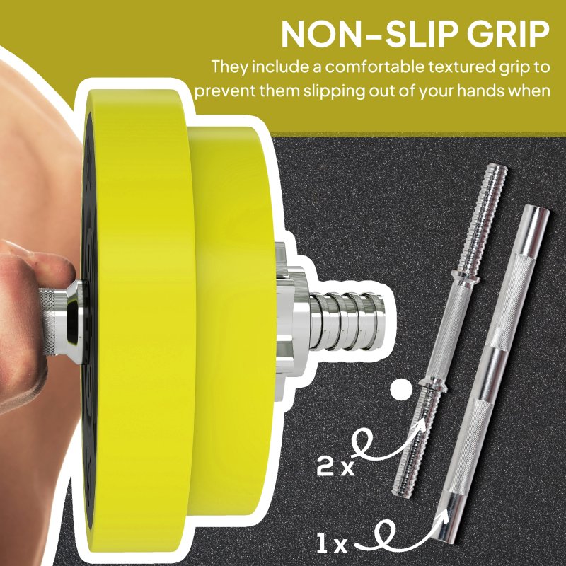 HOMCOM 20KGS 2-In-1 Dumbbell & Barbell Adjustable Set Strength Muscle Exercise Fitness Plate Bar Clamp Rod Home Gym Sports Area, Yellow