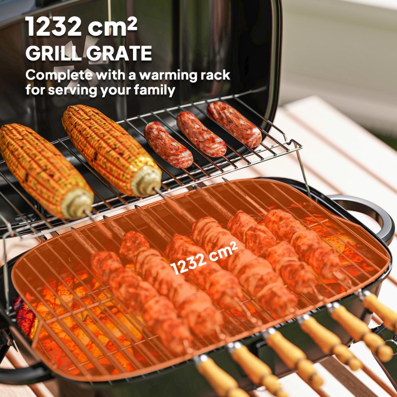 Outsunny Charcoal Barbecue Grill Folding BBQ Grill with 1232 cm? Cooking Area, Adjustable Vent, Thermometer, Handles for Camping Picnic, Black