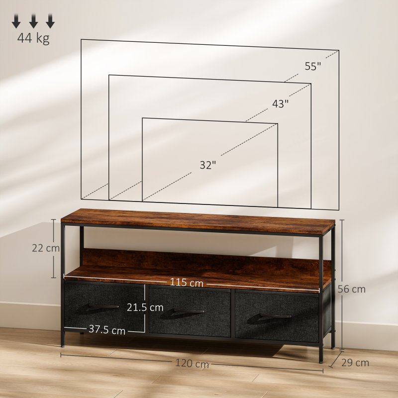 HOMCOM TV Stand Cabinet up to 55-inch, TV Unit with 3 Foldable Linen Drawers, Open Shelf for Living Room, Bedroom, Entertainment Room, Rustic Brown