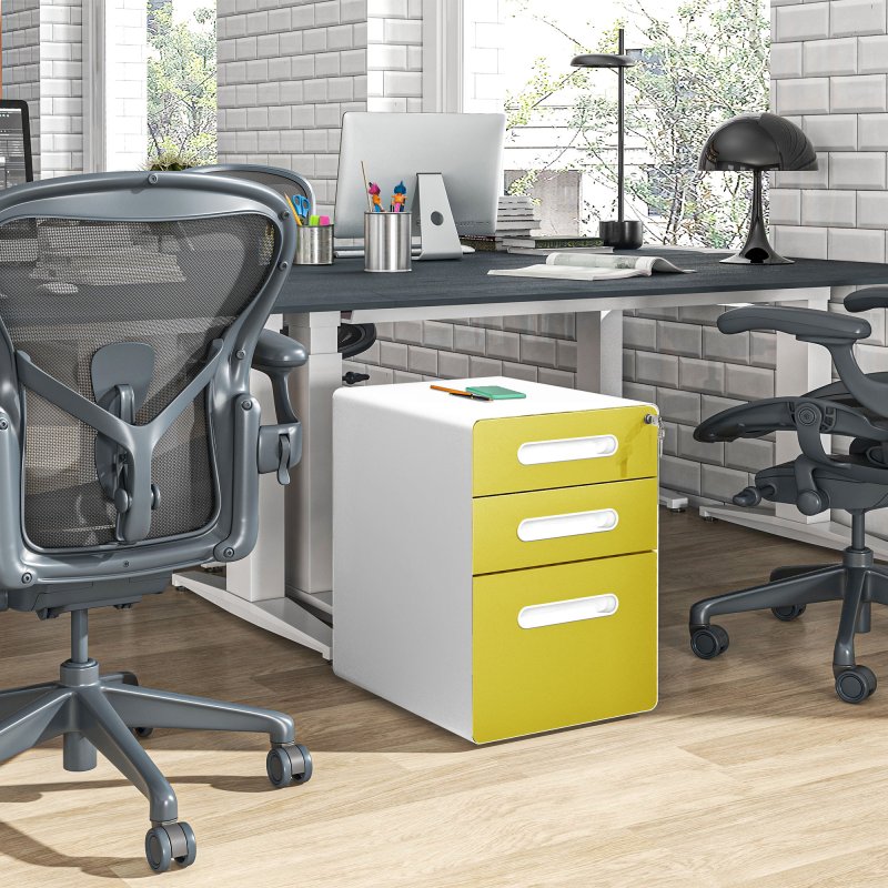 Vinsetto Lockable File Cabinet with 3 Drawers, Vertical Office Drawer for A4, Letter, Legal Size, Anti-tilt Design, Pre-Assembled Body, Yellow