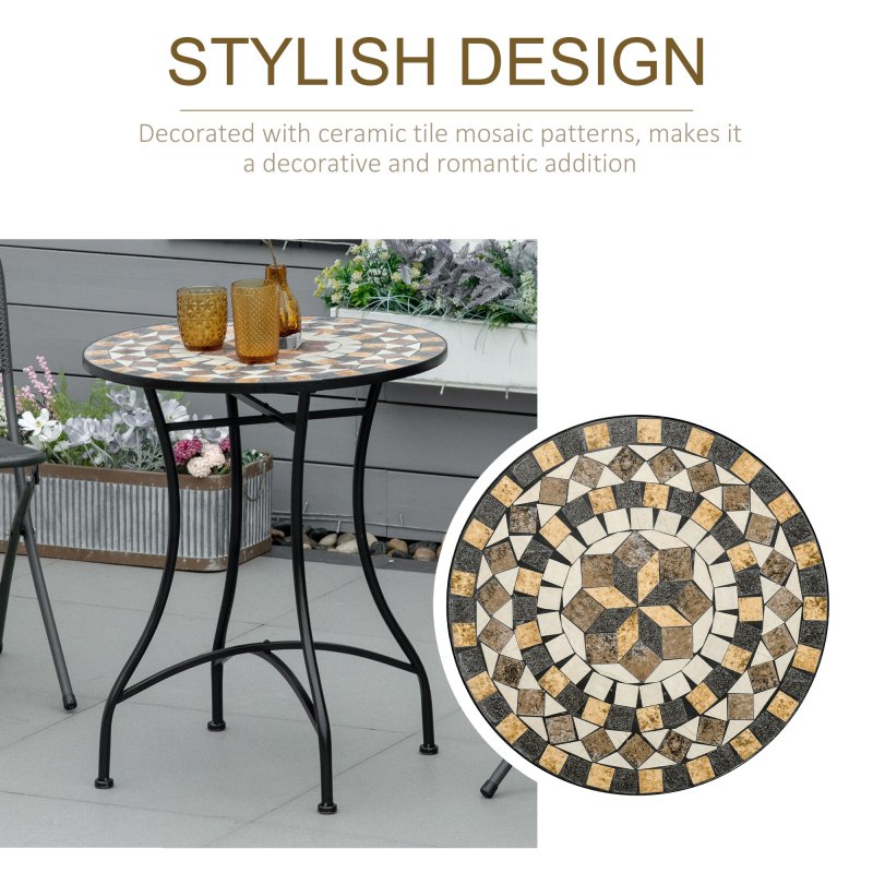 Outsunny 60 cm Mosaic Garden Table, Small Round Outdoor Side Table with Ceramic Top, Plant Stand for Patio, Balcony, Grey and Beige