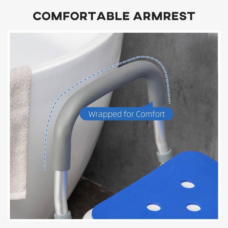 HOMCOM EVA Padded Shower Chair for the Elderly and Disabled, Height Adjustable Shower Stool with Back and Arms, 4 Suction Foot Pads
