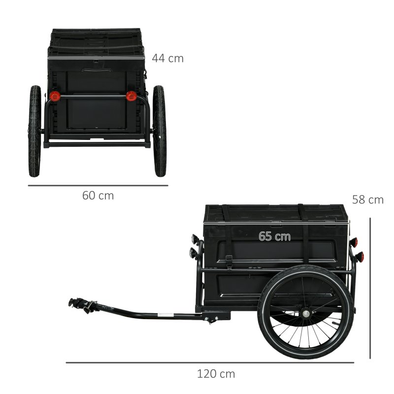 HOMCOM Bike Trailer, Bicycle Cargo Trailer Cart, Bike Wagon with 65L Foldable Storage Box, Big Pneumatic Tyres and Safe Reflectors, Max Load 40KG, Black