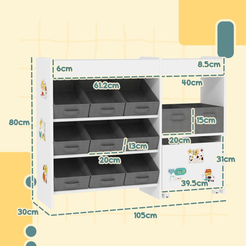 AIYAPLAY Kids Toy Storage Unit, Children Toy Box Organiser with 11 Fabric Bins, Cabinet, Top Shelves, 3 Stickers, Kids Storage Unit Bookshelf for Nursery, Playroom, Kindergarten, White