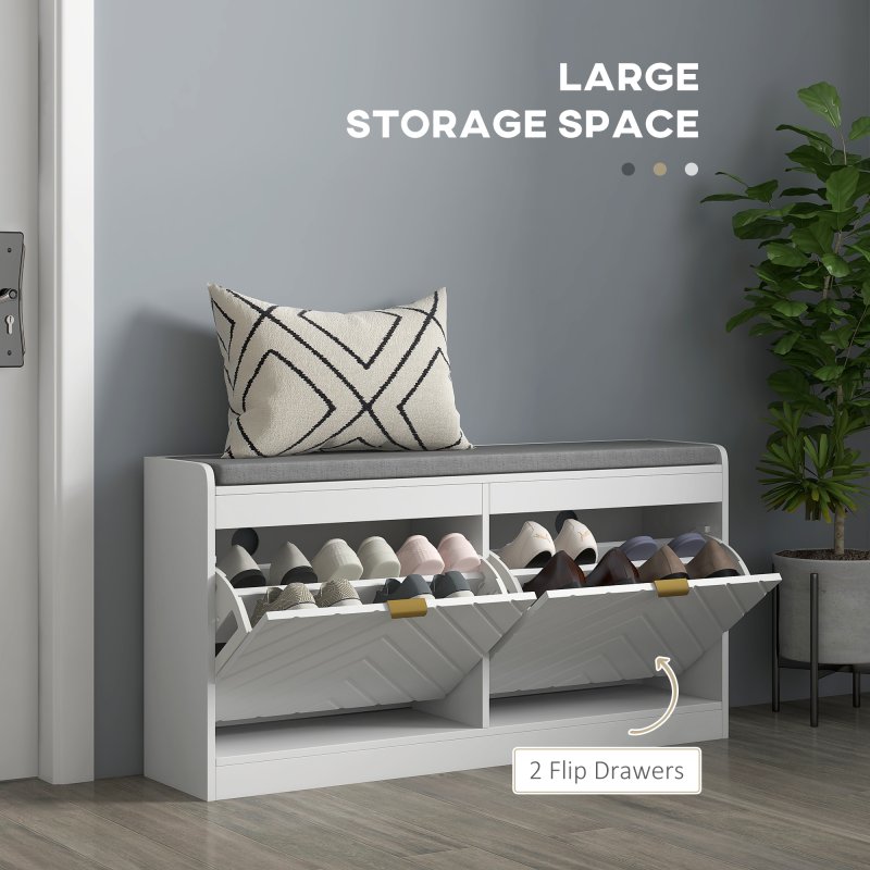 HOMCOM Shoe Storage Bench, Narrow Shoe Bench with 2 Flip Drawers, Seating Cushion and 2 Vents for 8 Pairs of Shoes for Entryway, Hallway, White