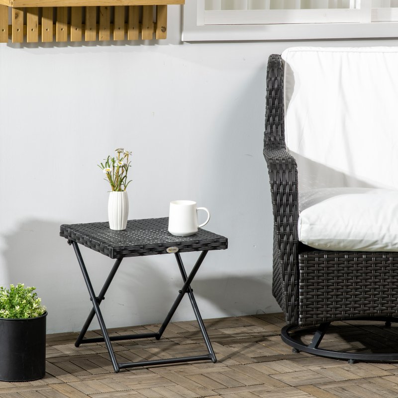 Outsunny Folding Rattan Garden Coffee Table, Small Square Outdoor Bistro Side Table with Rattan Top for Patio, Balcony, Porch, 40 x 40 x 40 cmBlack
