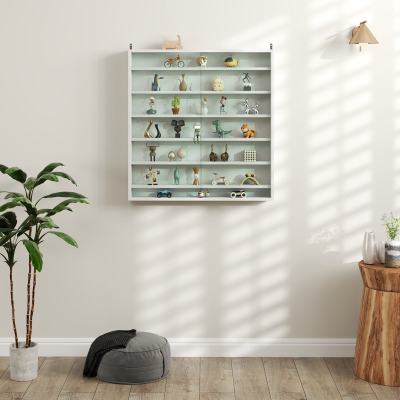 HOMCOM 7-Tier Wall Mounted Display Cabinet, Display Case with 6 Adjustable Shelves, Glass Doors for Home Office Ornaments 83x80cm, White