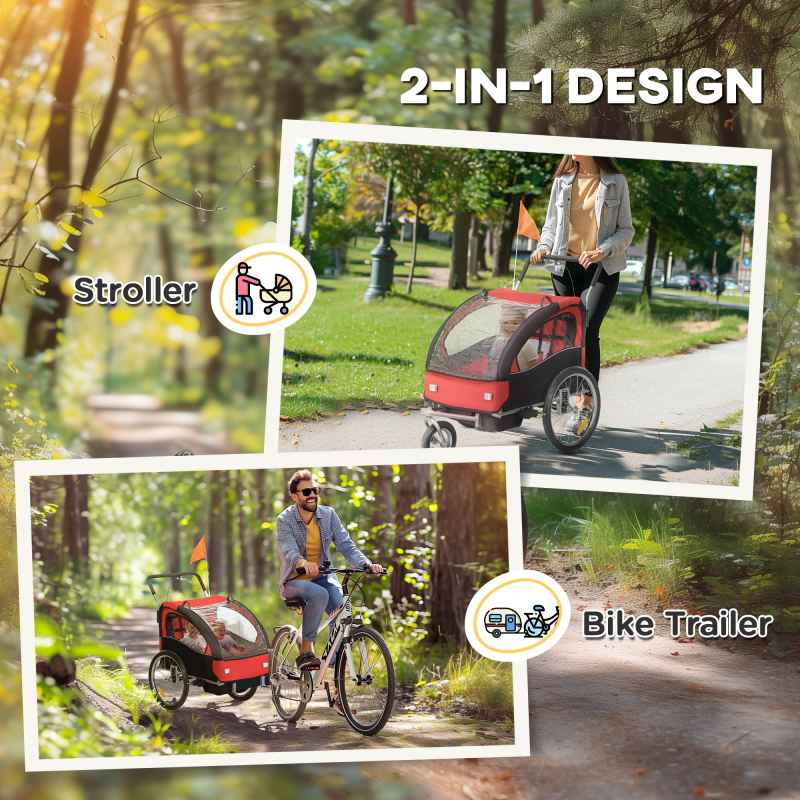 HOMCOM 2 Seat Bike Trailer for Kids, Baby Bike Stroller with 5 Point Harness, Child Bicycle Trailer with Safety Flag, Reflectors, Windproof Curtain, for 18+ Months, Red