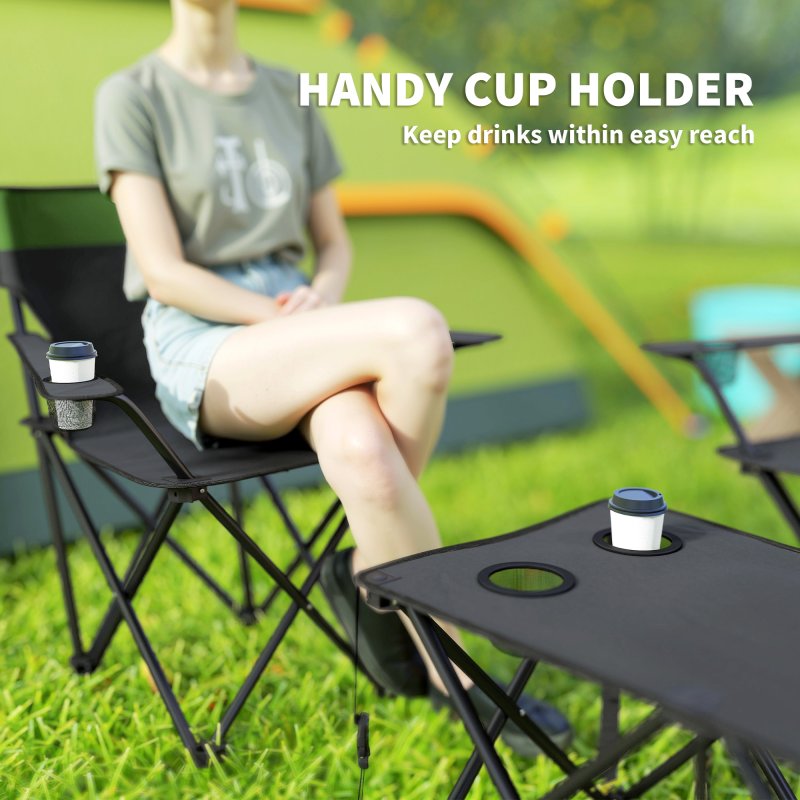 Outsunny 4 Piece Foldable Camping Table and Chairs Set, Portable Picnic Table with 3 Chairs, Cup Holders and Carrying Bag, Outdoor Lightweight Table Set for BBQ, Picnic, Parties, Olive Green