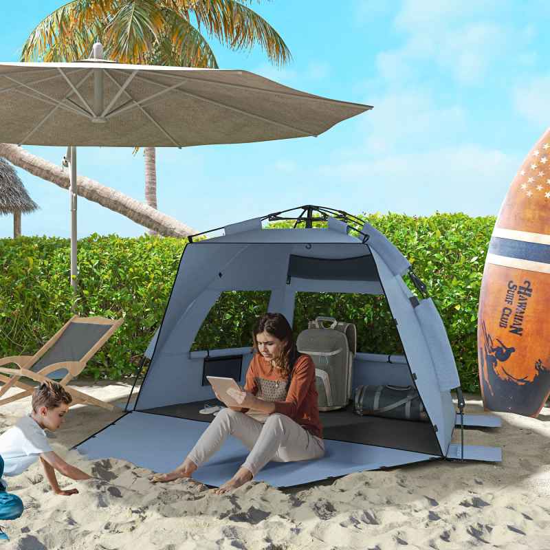 Outsunny Pop Up Tent Beach Tent for 2-3 Person, UPF15+ Easy Set Up Sun Shelter with Extended Floor, Sandbags, Mesh Windows and Carry Bag, Light Blue