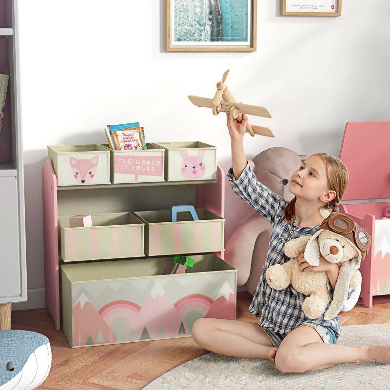 ZONEKIZ Kids Storage Unit, Childrens Toy Storage Organiser, with 6 Fabric Bins, for Bedroom, Nursery, 63 x 30 x 66cm, Pink