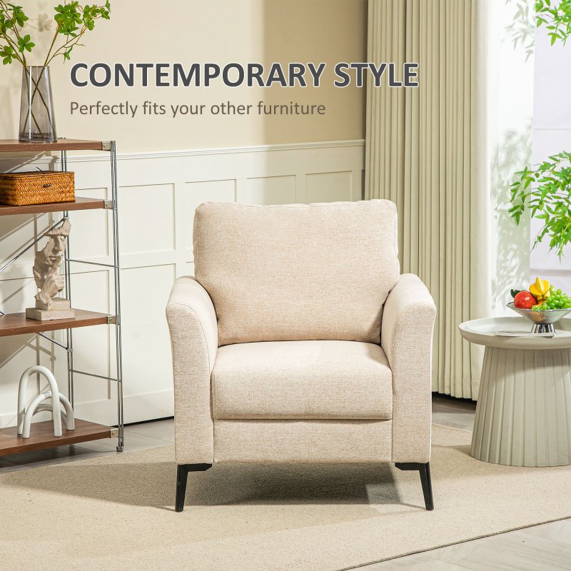 HOMCOM Modern Armchair, Upholstered Linen Fabric Accent Chair with Metal Legs, Wood Frame and Thick Padded Cushion for Living Room Bedroom Office, Beige