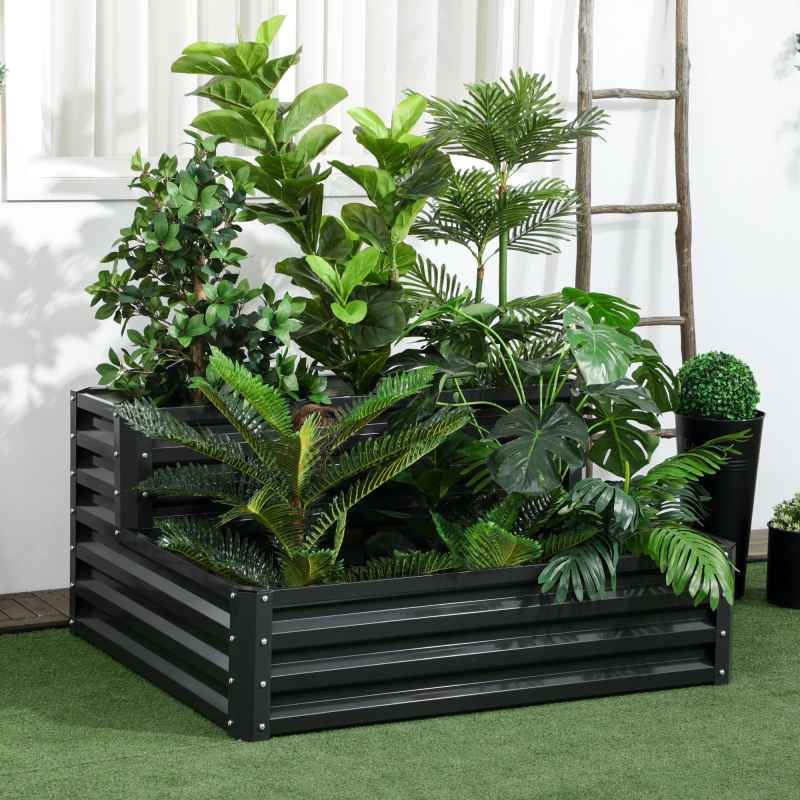 Outsunny 2 Tier Galvanised Raised Garden Bed, Outdoor Steel Planter Box with Open Bottom for Vegetables, Flowers and Herbs, 120 x 101 x 58 cm, Dark Grey