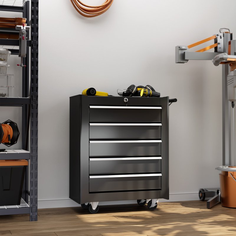 HOMCOM Steel 5-Drawer Tool Storage Cabinet Lockable with Wheels Handle 2 Keys Garage Equipment Trolley Home Work DIY Workshop Chest Black
