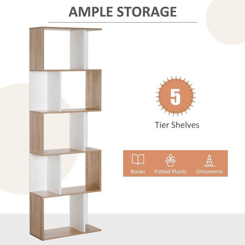 HOMCOM Bookcase, S-Shaped Wooden Bookshelf, 5/6 Tiers Freestanding Storage Shelf, Home Office Decorative Display Stand Rack, 24D x 60W x 184.5H