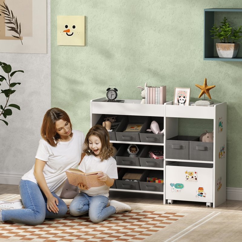 AIYAPLAY Kids Toy Storage Unit, Children Toy Box Organiser with 11 Fabric Bins, Cabinet, Top Shelves, 3 Stickers, Kids Storage Unit Bookshelf for Nursery, Playroom, Kindergarten, White