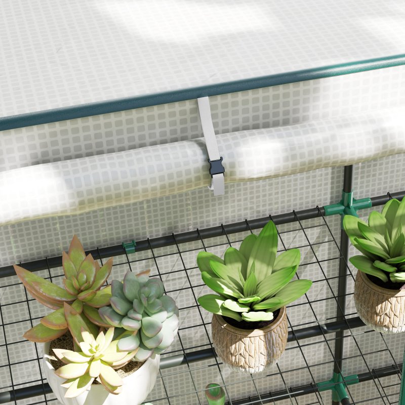 Outsunny 3 Tier Lean-to Mini Greenhouse with Reinforced PE Cover, Portable Small Greenhouse with Roll-Up Door, Green Hemmed Edging, 144 x 48 x 152cm, White