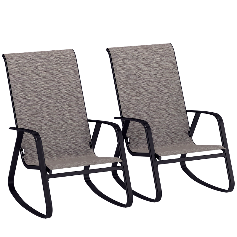Outsunny Garden Rocking Chairs Set of 2, Ergonomic Outdoor Rocking Chairs with Armrests, High Backrest, Steel Frame Relaxing Rocker Armchair Seats for Patio, Balcony, Porch, Light Brown