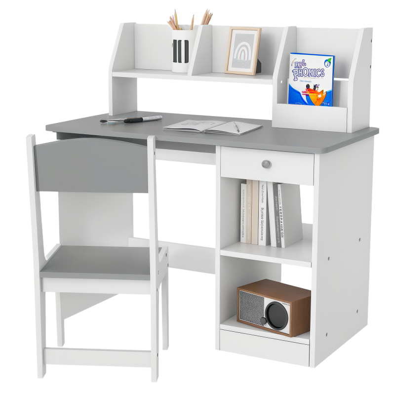 ZONEKIZ Kids Desk and Chair Set with Storage, for Ages 5-8 Years, 2 Piece Children Table and Chair Set with Keyboard Drawer, Grey