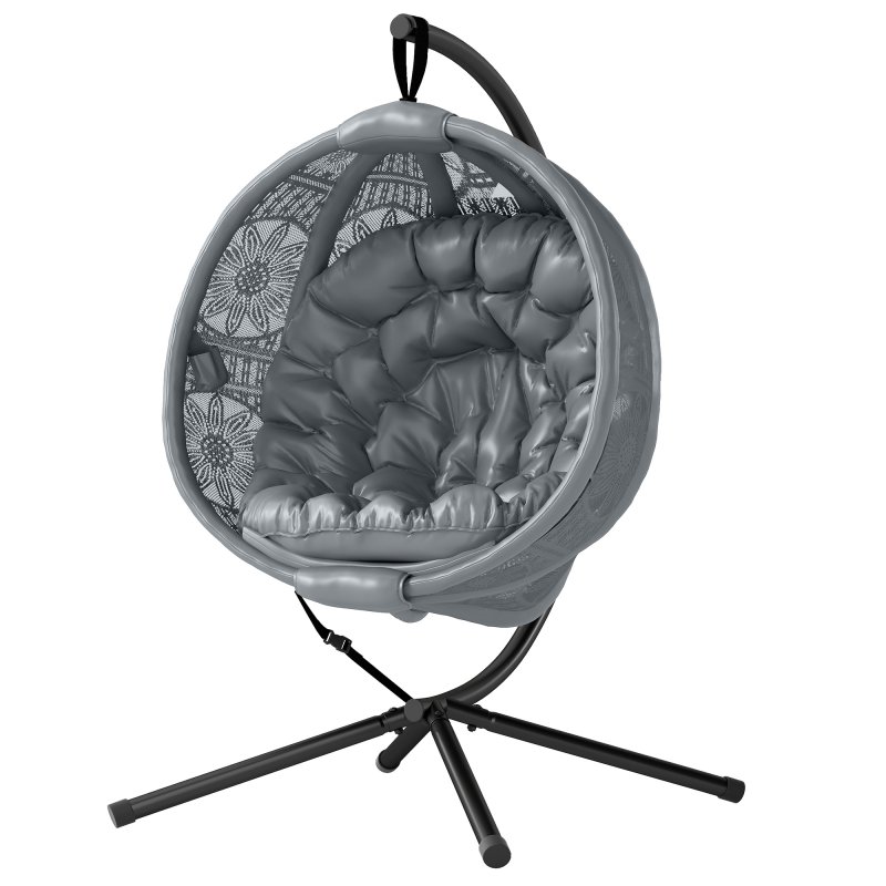Outsunny Outdoor Hanging Chair, Swing Chair with Metal Stand, Thick Padded Cushion, Foldable Basket and Side Pocket, for Indoor and Outdoor, Charcoal Grey