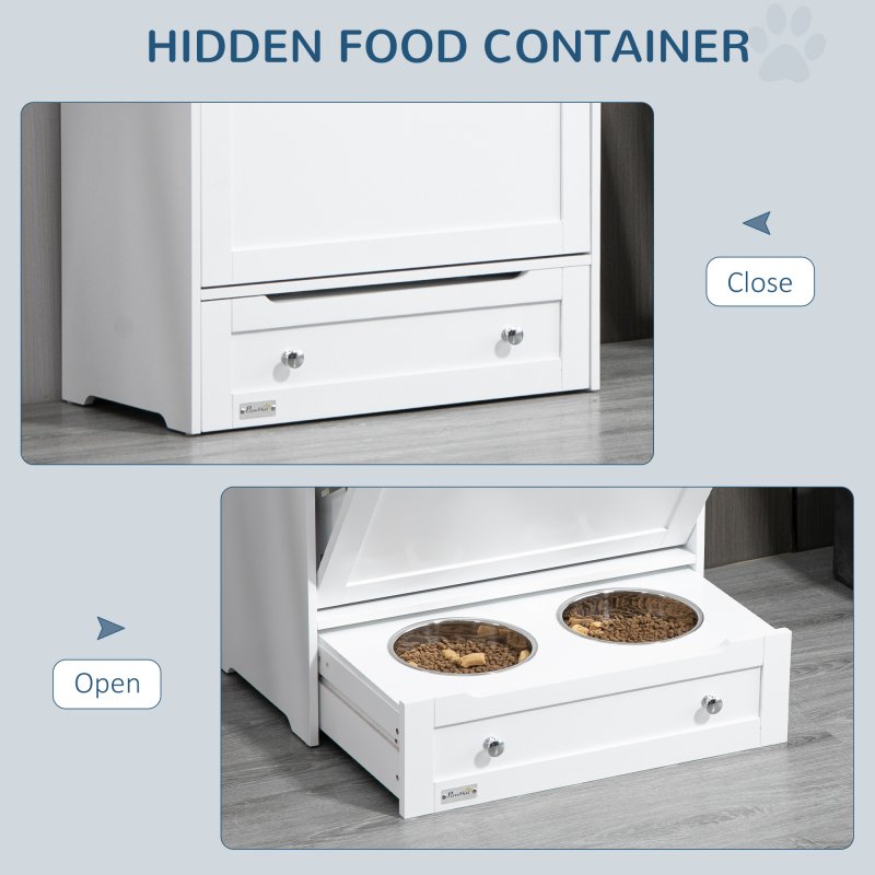 PawHut Pet Feeder Station, Dog Food Storage Container w/ Raised Dog Bowls, Hanger, for Food and Water - White