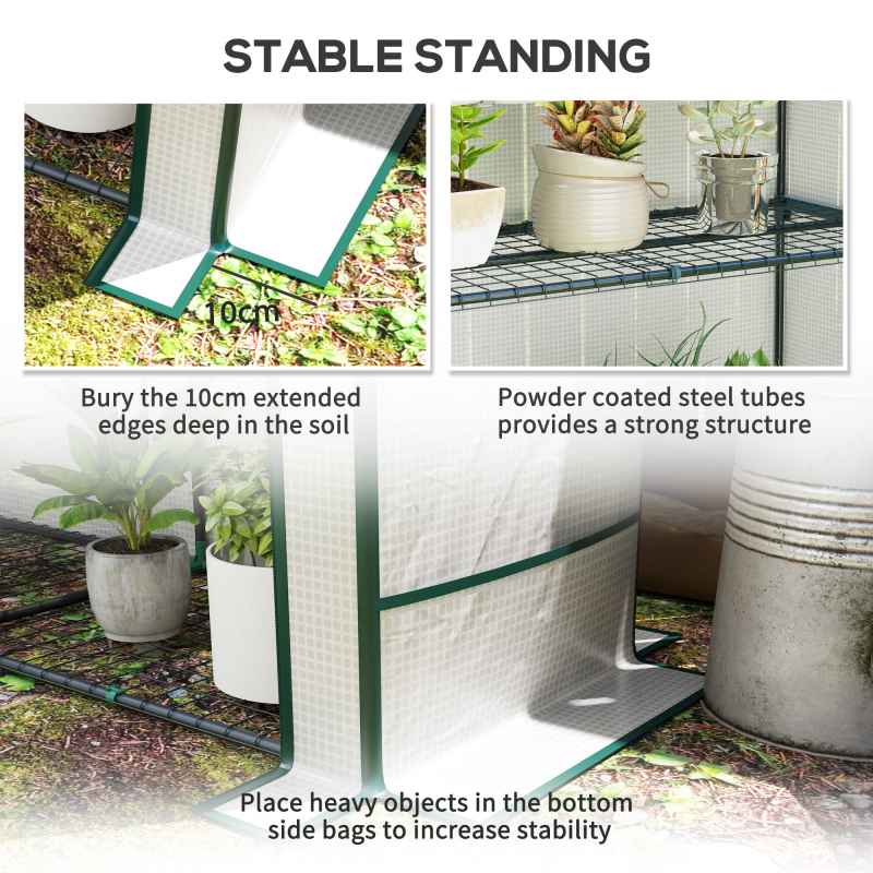 Outsunny 3 Tier Lean-to Mini Greenhouse with Reinforced PE Cover, Portable Small Greenhouse with Roll-Up Door, Green Hemmed Edging, 144 x 48 x 152cm, White