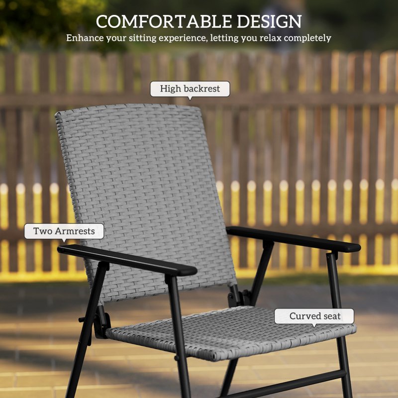 Outsunny Folding Garden Chairs Set of 2, PE Rattan Garden Dining Chairs with Armrests, High Back and Steel Frame, Weather Resistant Outdoor Dining Furniture for Patio, Balcony, Grey