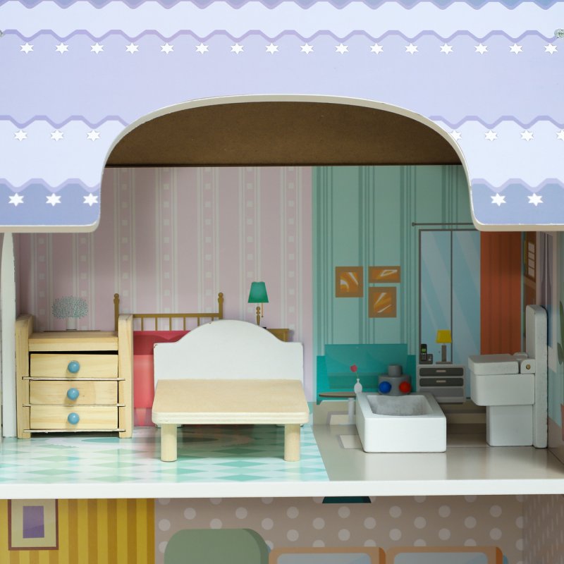 AIYAPLAY Dolls House with 13 Furniture Pieces and Accessories, 2 Levels Play Set with Balcony, Pretend Play Game, for Ages 3-6 Years