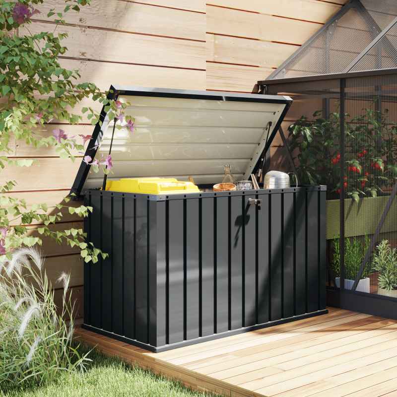 Outsunny 400L Garden Storage Box Waterproof Metal Outdoor Storage Box with Lockable Lid, Storage Container Furniture Deck Box, 124 x 66 x 72 cm, Dark Grey