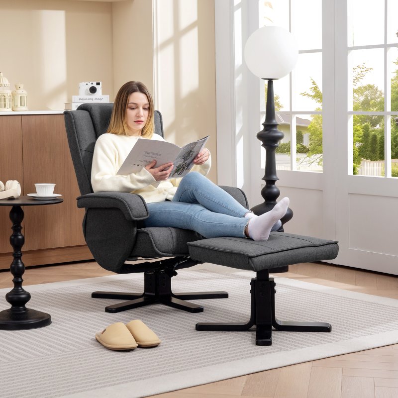 HOMCOM Rocker Swivel Recliner Chair with Footstool, Linen Fabric Recliner Armchair with Ottoman, Wood Base, Upholstered Reclining Chair for Living Room, Bedroom, Office, Charcoal Grey