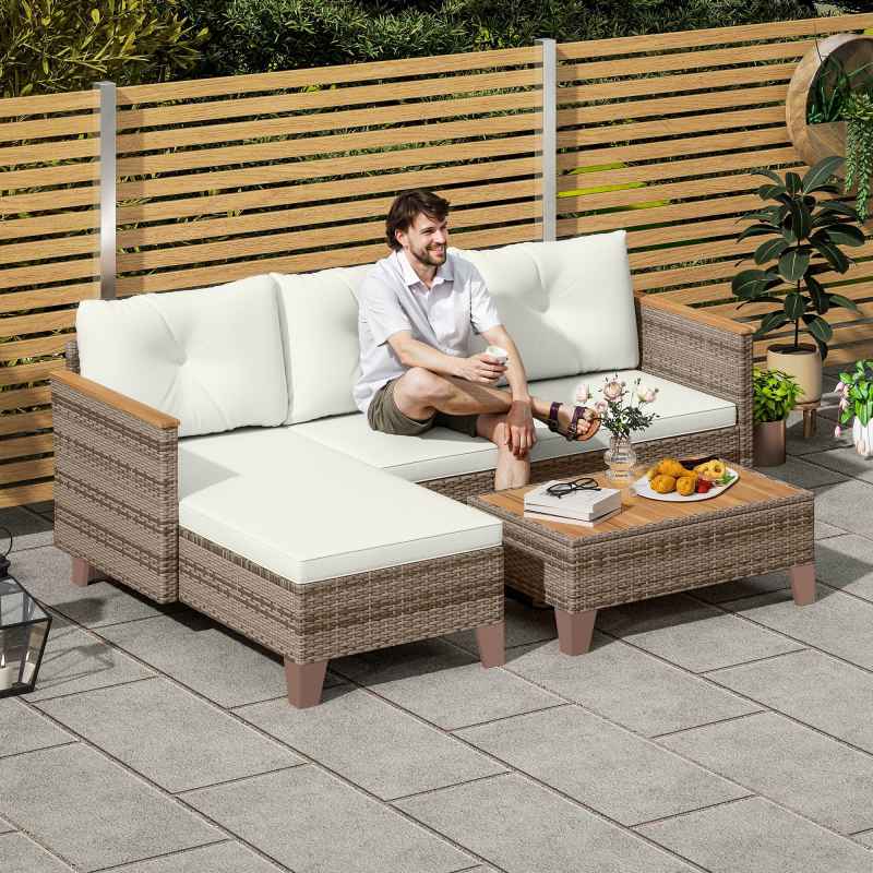 Outsunny 3 Pieces Rattan Garden Furniture Set, L Shaped Garden Conversation Chaise Lounge Furniture with Wood Top Coffee Table and Thick Cushions, Cream