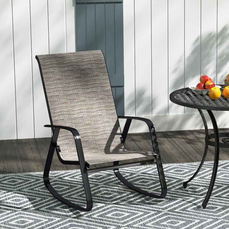 Outsunny Garden Rocking Chair, Ergonomic Outdoor Rocking Chair with Armrests, High Backrest, Steel Frame Relaxing Rocker Armchair Seat for Patio, Balcony, Porch, Light Brown