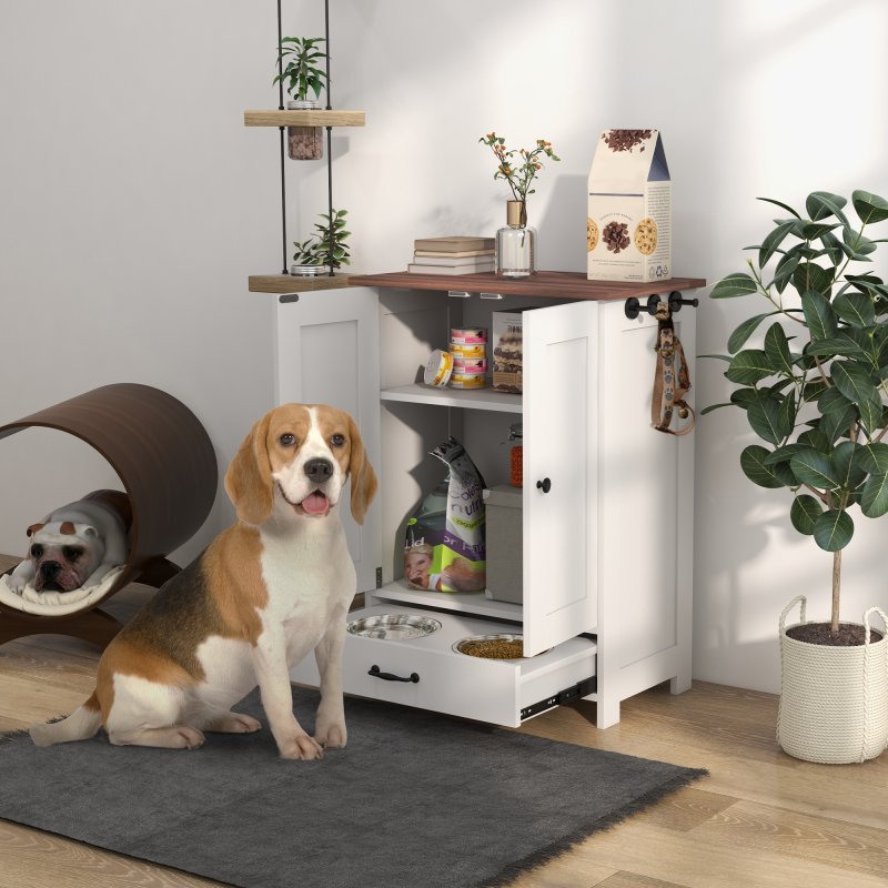 PawHut Pet Feeding Station with Storage, Dog Feeding Station with Raised Dog Bowls, Adjustable Panel, Hooks, Pet Food Storage Cabinet, White