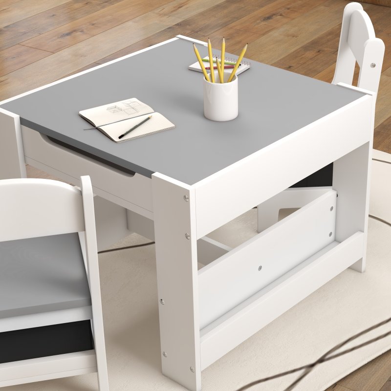 HOMCOM 3 Piece Kids Table and Chair Set, 3 in 1 Design Kids Desk and Chair Set with Blackboard, Storage, Bookshelves, for Nursery, Playroom, Classroom - Grey