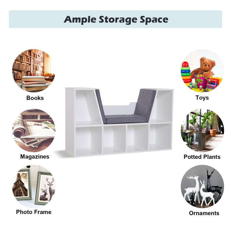 HOMCOM Bookcase Storage Shelf with Cushioned Reading Seat, Cube Bookshelf Organizer for Bedroom Living Room