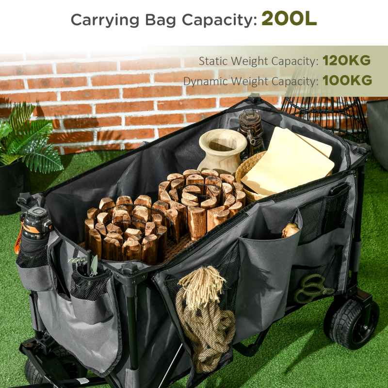 Outsunny Folding Garden Trolley, Cargo Traile on Wheels, Collapsible Camping Trolley, Outdoor Utility Wagon with Steel Frame and Oxford Fabric, Dark Grey