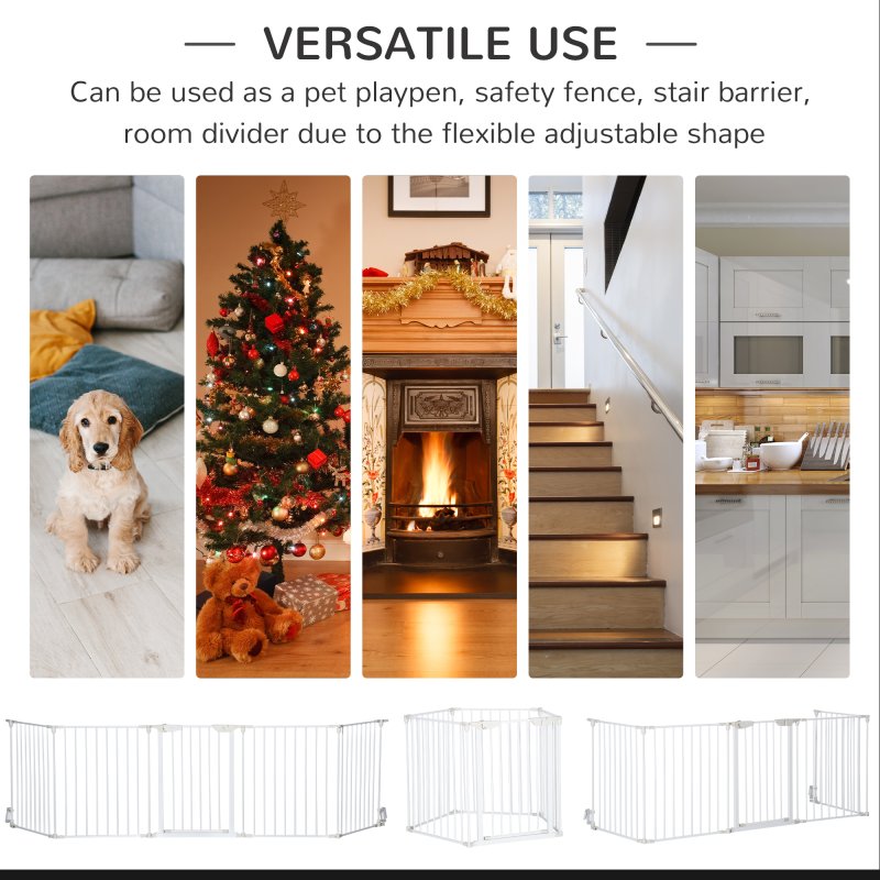 PawHut Pet Safety Gate, 5 Panels Playpen Fireplace, Metal Fence, Stair Barrier, Room Divider w/ Walk-Through Door - White
