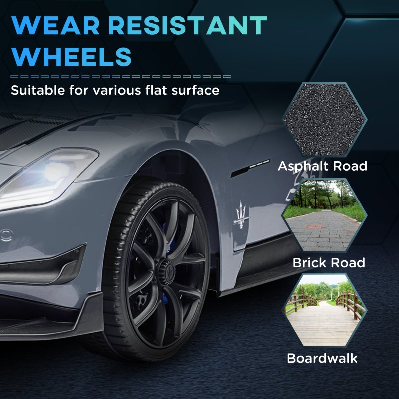 AIYAPLAY Maserati GT2 Licensed 12V Electric Car for Kids, Kids' Electric Ride on with Suspension System, Remote Control, USB, Music, Horn, Lights, Auxiliary Wheels, for Ages 3-5 Years, Grey