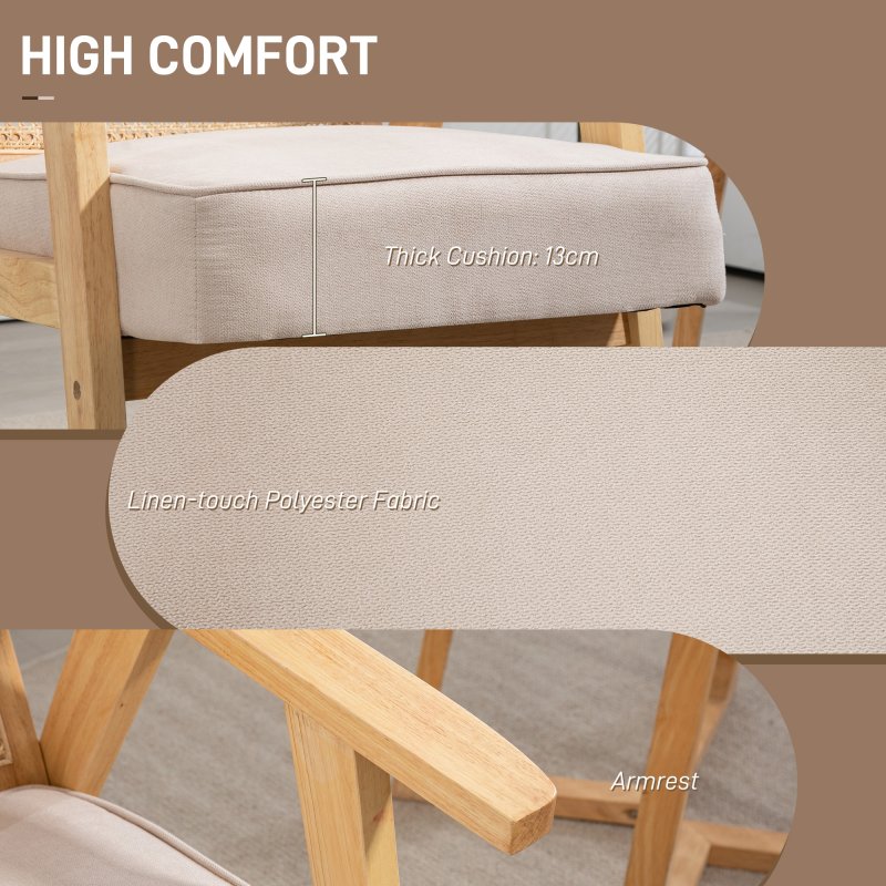HOMCOM Armchair, Fabric Accent Chair with Rattan Back, Rubber Wood Frame and Padded Seat Cushion for Living Room, Bedroom, Home Office, Cream White Finish