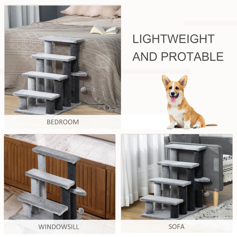 PawHut Pet Stairs, Cat Tree Climb Ladder with 4-step Stair, Scratching Posts, Platforms, Toy Ball, for Indoor Cats, Grey