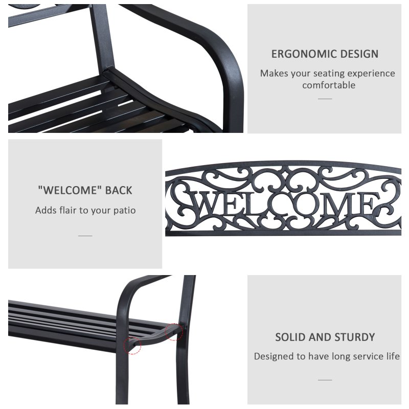 Outsunny Garden Bench, Metal Outdoor Bench Seat, 2 Seater Patio Loveseat with Welcome Backrest, Armrests and Slatted Seat, 240 KG Capacity for Park, Porch, Black