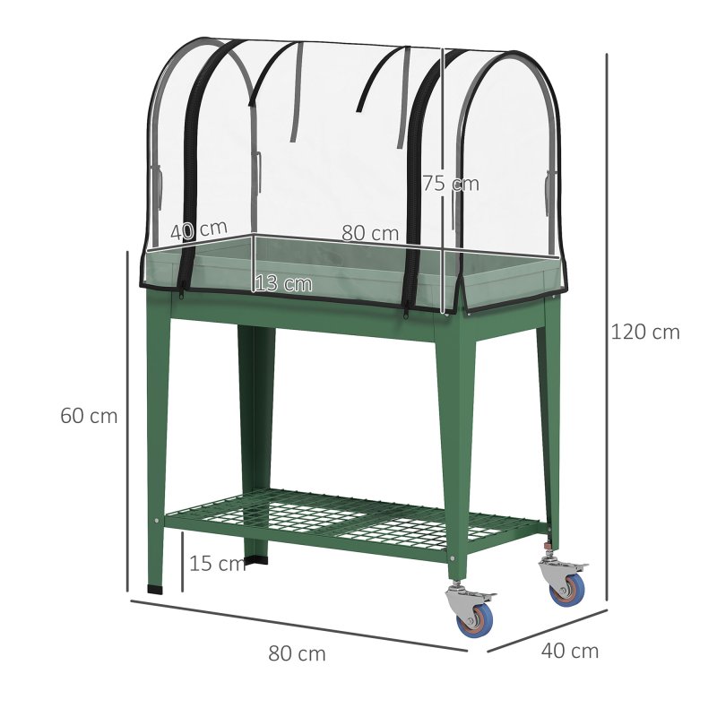 Outsunny Raised Garden Bed with Greenhouse Cover, Mobile Elevated Planter Box with Wheels and Bottom Shelf for Vegetables, Flowers, Herbs, 80 x 40 x 120cm, Green