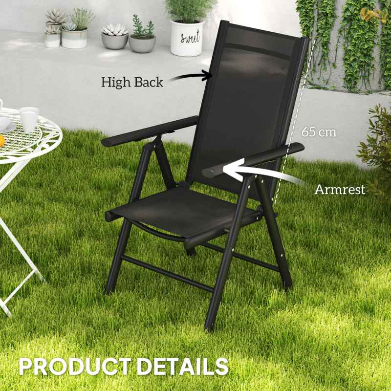Outsunny Set of 2 Folding Chair, Aluminium Frame Outdoor Camping Chairs with Breathable Mesh Back and Seat, Garden Chair Set with Armrests for Balcony, Black