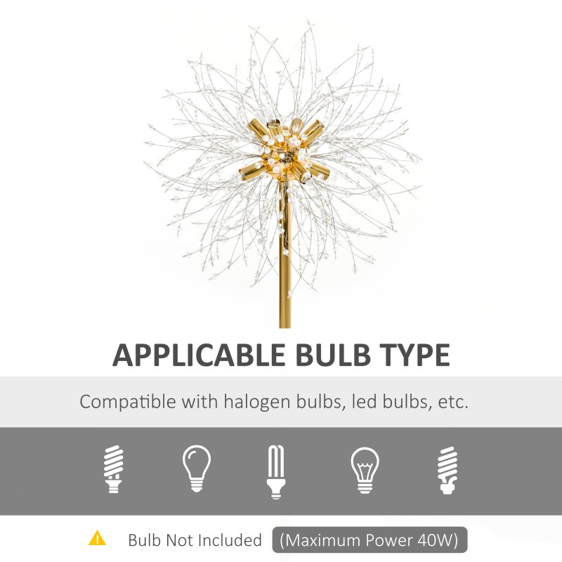HOMCOM Floor Lamp, Crystal Fireworks Standing Lamp, Metal Golden Pole Tree Lighting with Foot Switch, 8 Lights, G9 Bulb Base, for Living Room, Bedroom