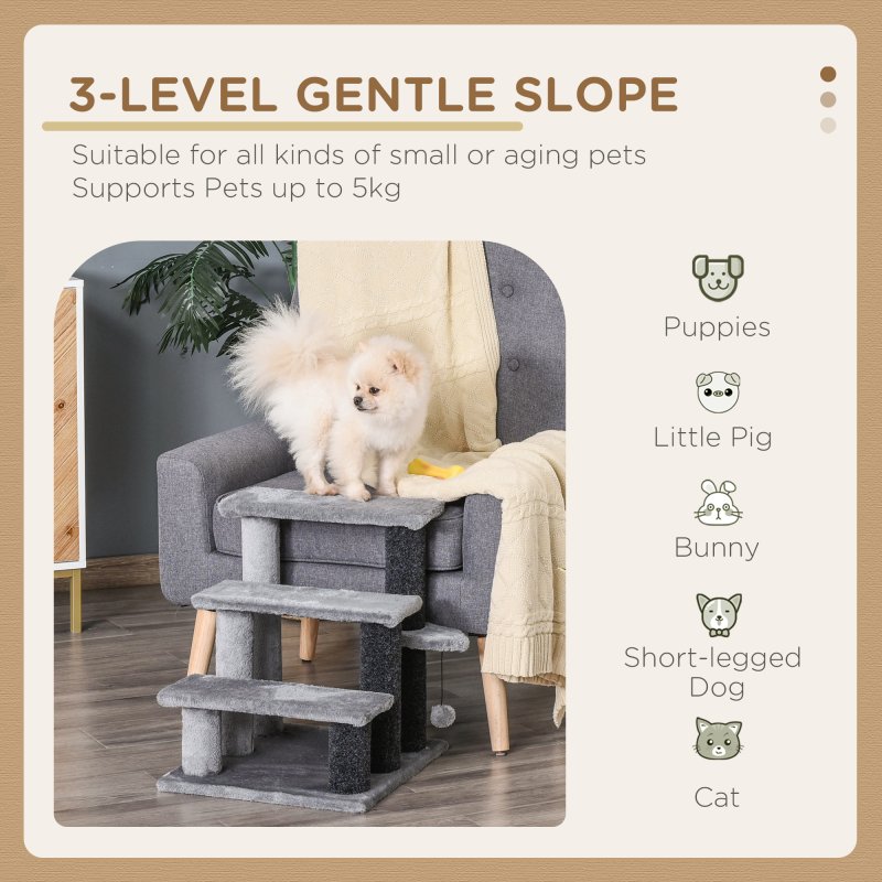 PawHut Pet Stairs, Cat Tree Climb Ladder with 3-step Stair, Scratching Posts, Platforms, Toy Ball, for Indoor Cats, Grey