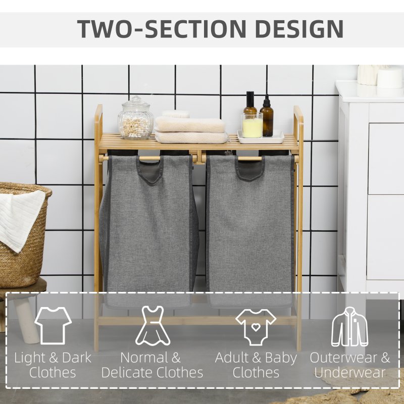HOMCOM Bamboo Laundry Basket, Laundry Hamper with Shelf, 2 Pull-out Bags for Bedroom, Bathroom, Laundry Room, 64 x 33 x 73 cm, Grey